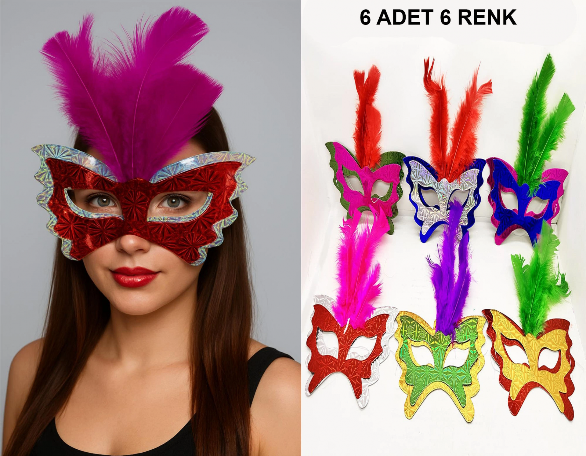 Eğlenceli Tüylü Karton Maske Seti 6'lı Parti Malzemesi