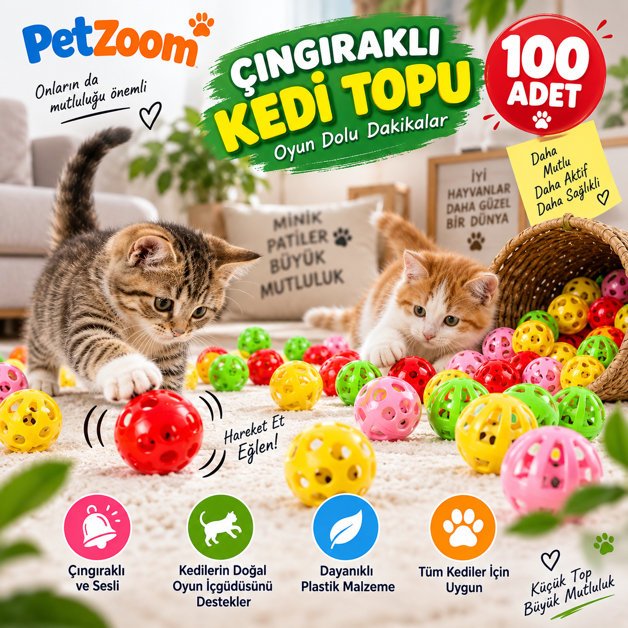 PetZoom 100'lü Çıngıraklı Kedi Topu Kedi Oyuncağı Renkli Sesli Oyun Topu Seti
