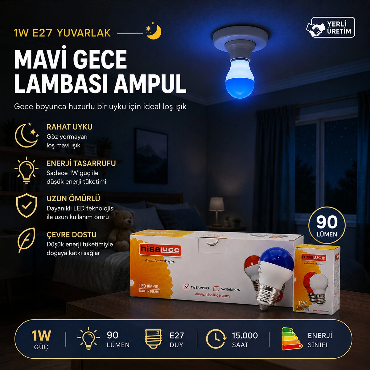Mavi Yuvarlak Gece Lambası LED Ampul E27 10 Adet