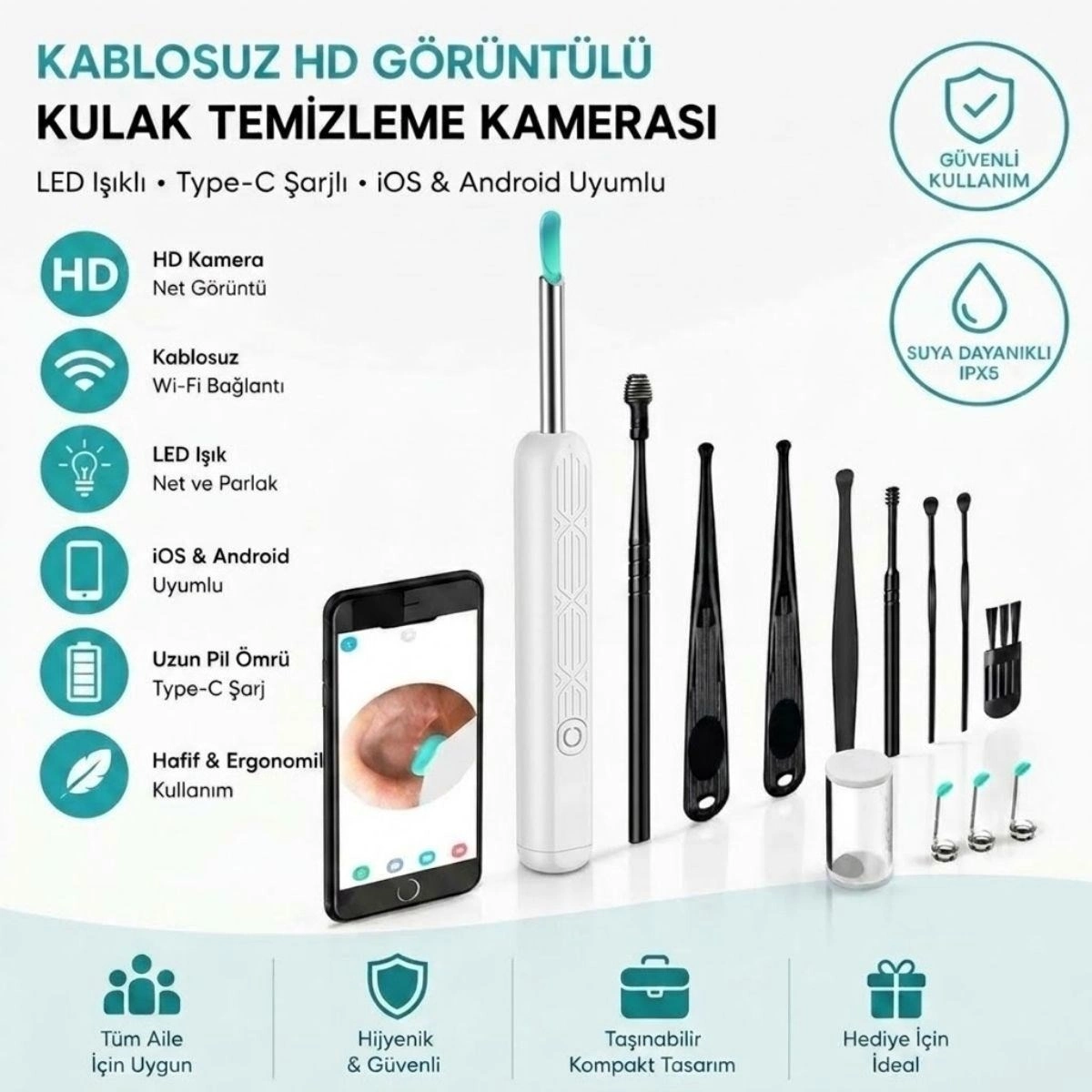 Kablosuz HD Görüntülü Kulak Temizleme Seti Type-C Uyumlu