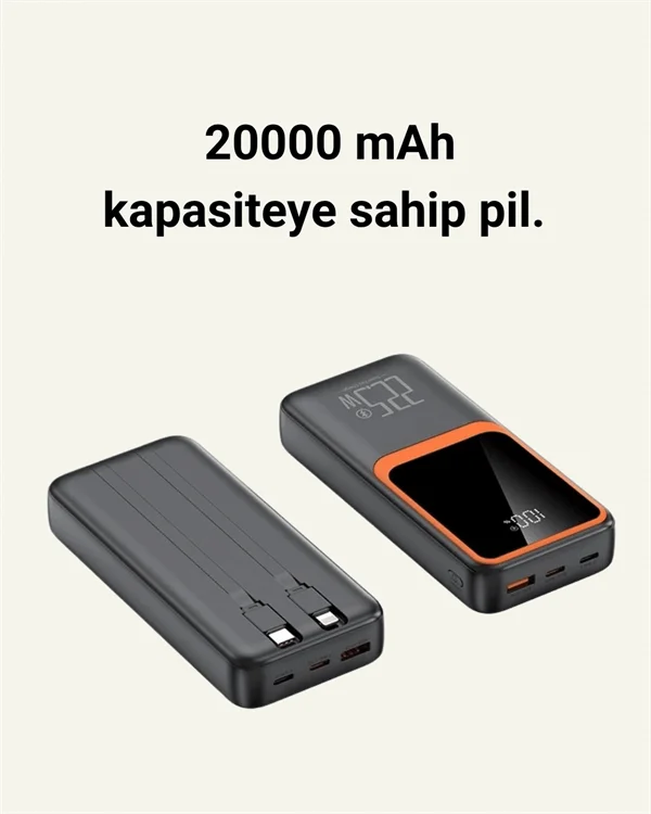 Taşınabilir Şarj Cihazı 20000 mAh | 22.5W Hızlı Şarj + Dijital Ekran + Kablo Dahil