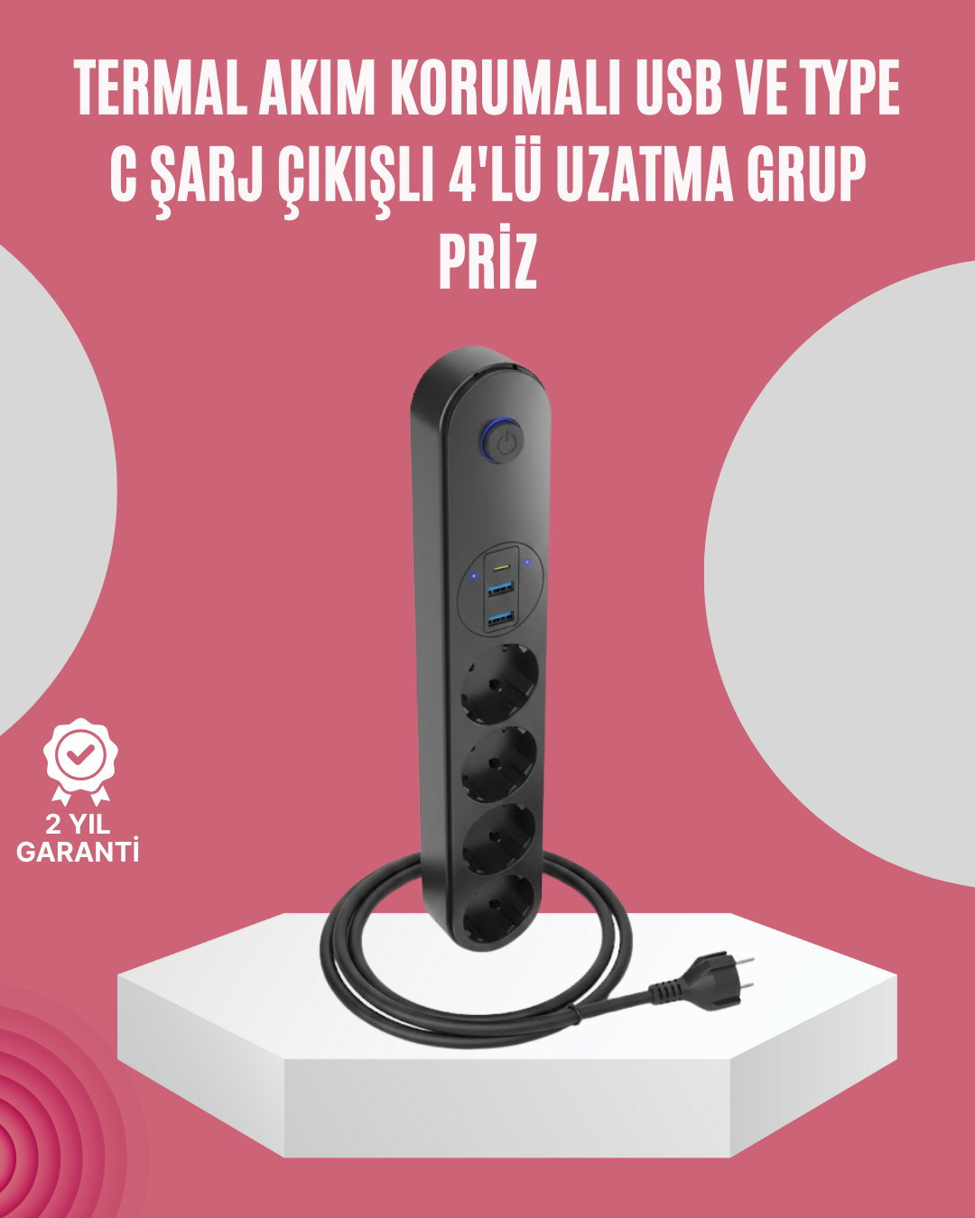 Led Anahtarlı Akım Korumalı Çoklu Priz 4 Priz 3 USB Girişli