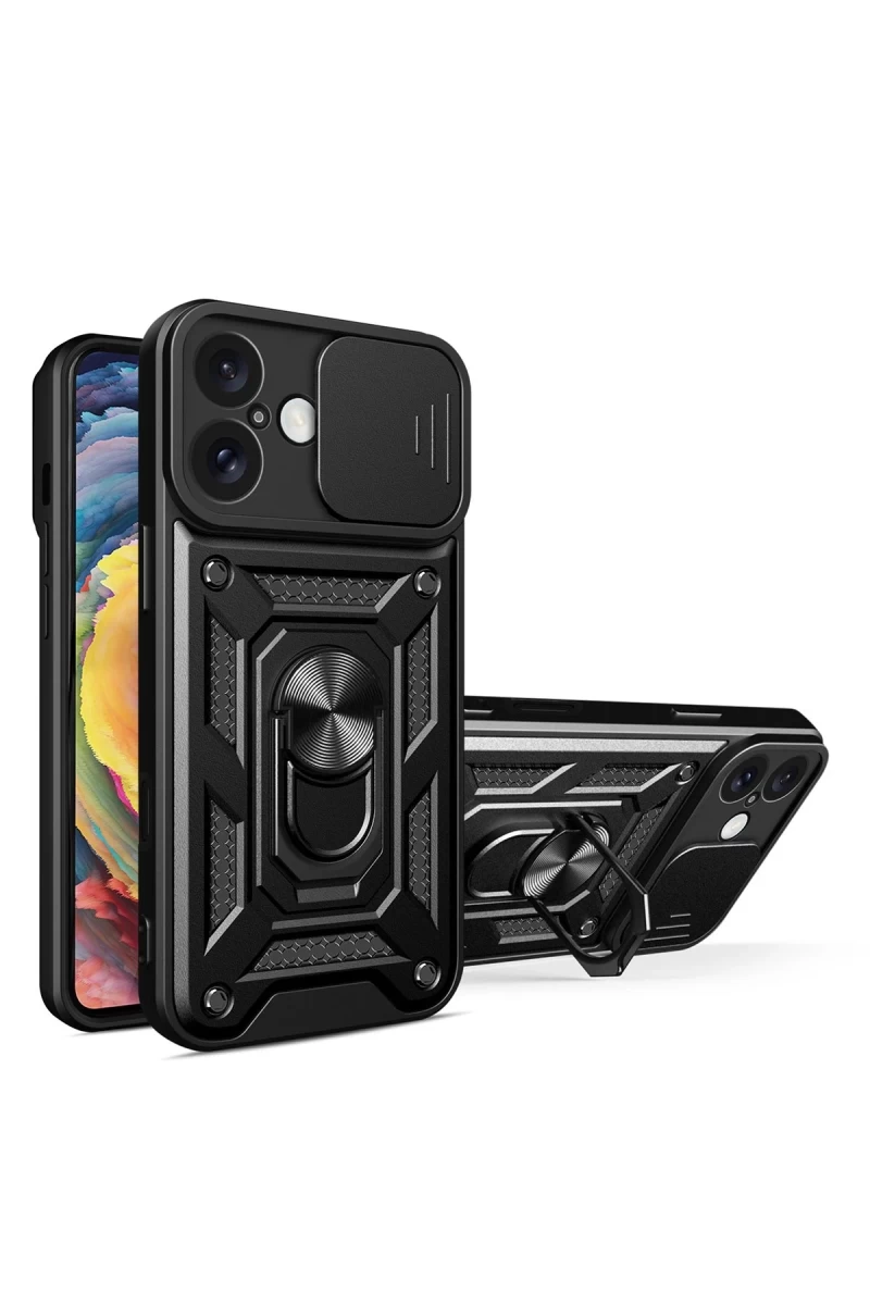 Apple iPhone 16 Uyumlu Kılıf Pars Lens Yüzüklü Silikon - Siyah