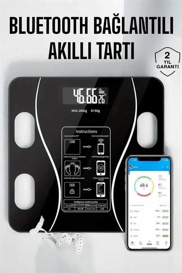Bluetooth Bağlantılı Akıllı Tartı 8 Fonksiyonlu Vücut Analizi