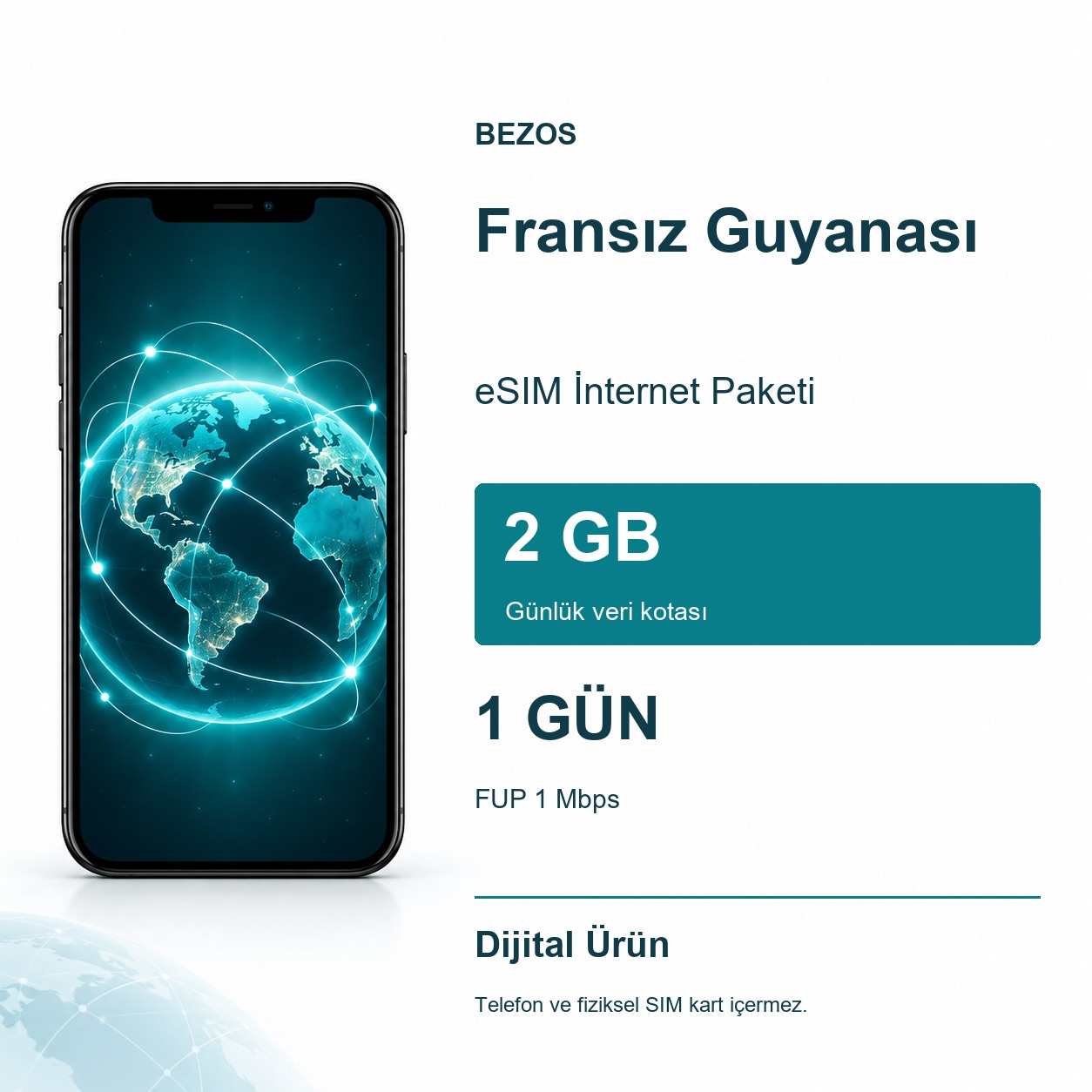Fransız Guyanası eSIM İnternet Paketi Günlük 2 GB 1 Gün - FUP 1 Mbps