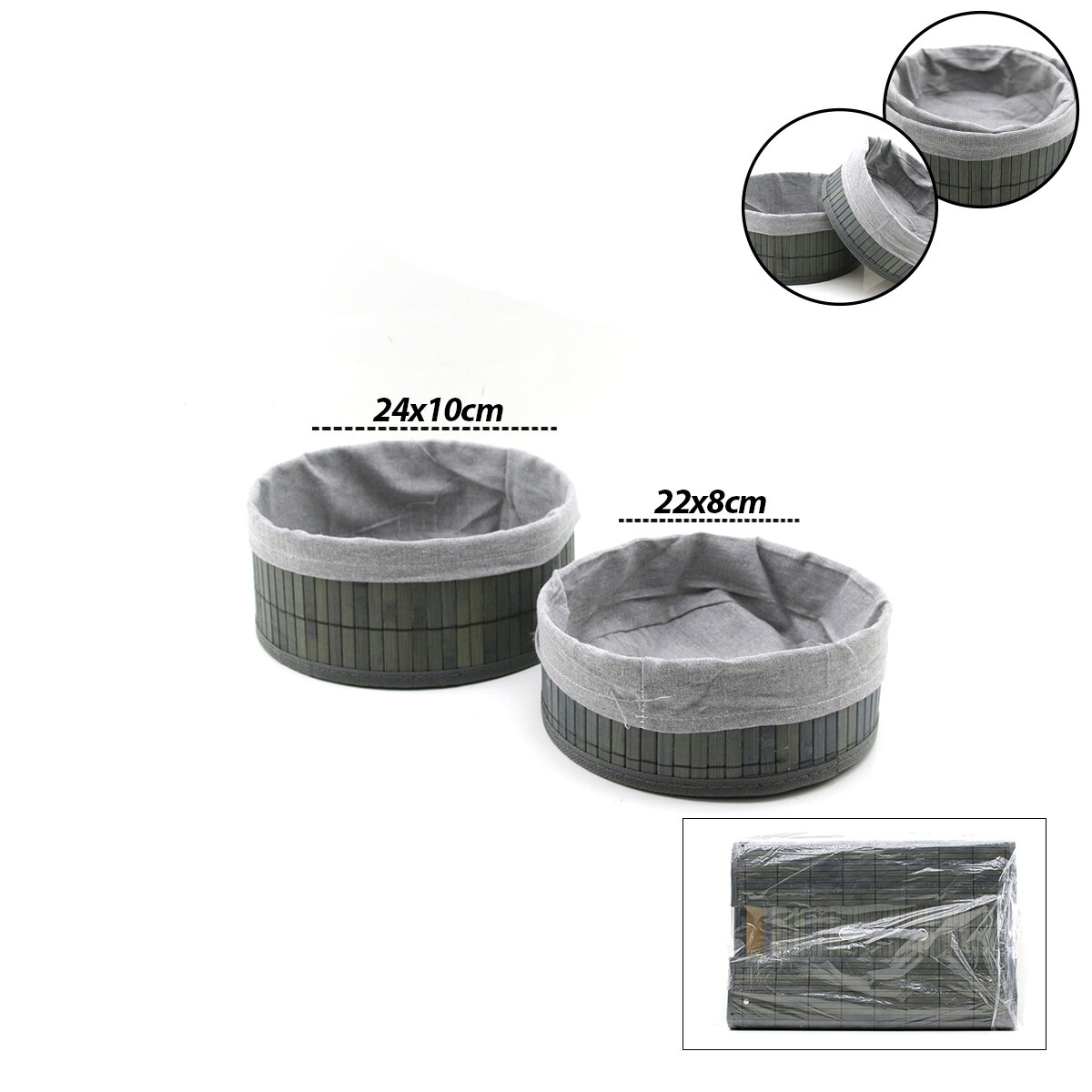 Gri 2 Boy Yuvarlak Bambu Kenar Organizer Sepet Ahşap Altlık - Bezli ÇAP=22X24CM