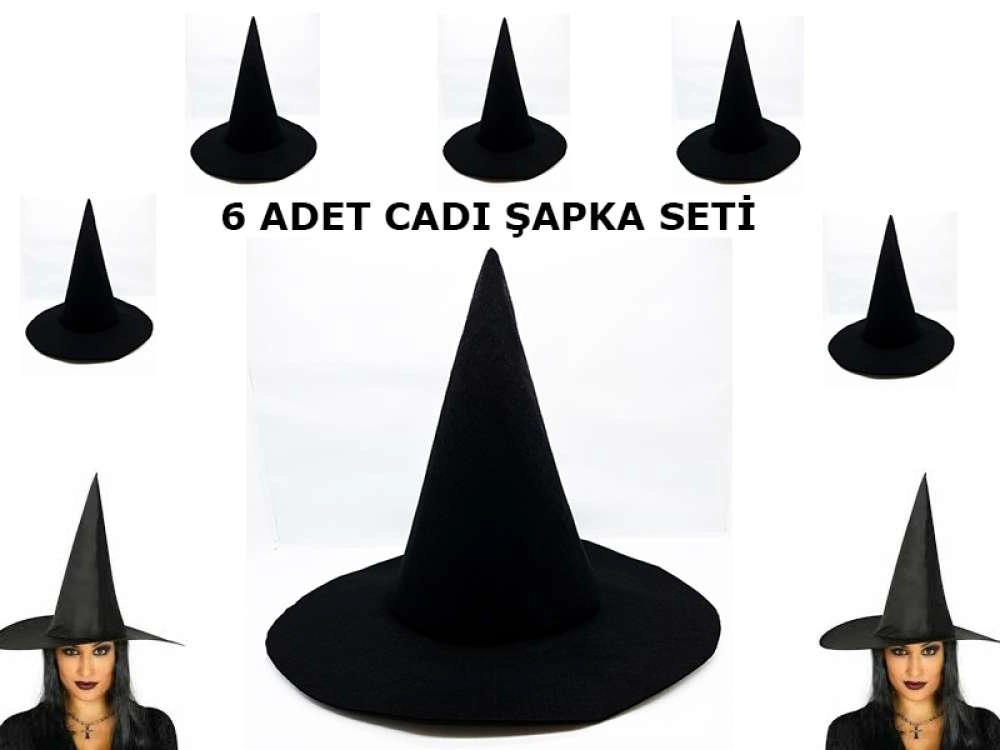 Cadı Şapkası Siyah Keçe Yetişkin Boy 6 Adet