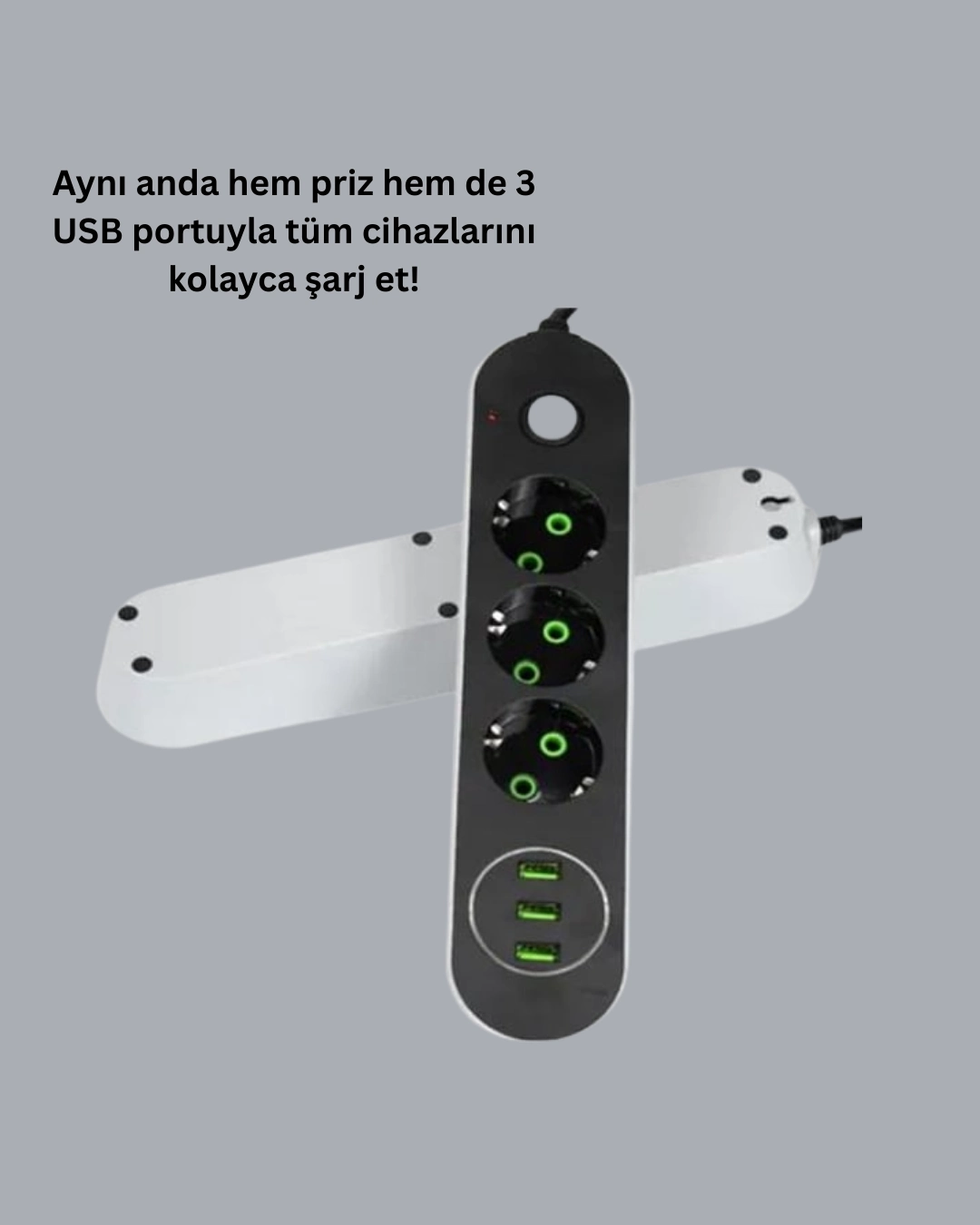 Hızlı Şarjlı Üçlü Priz 3 USB Portu ile 2 Metre Kablosu