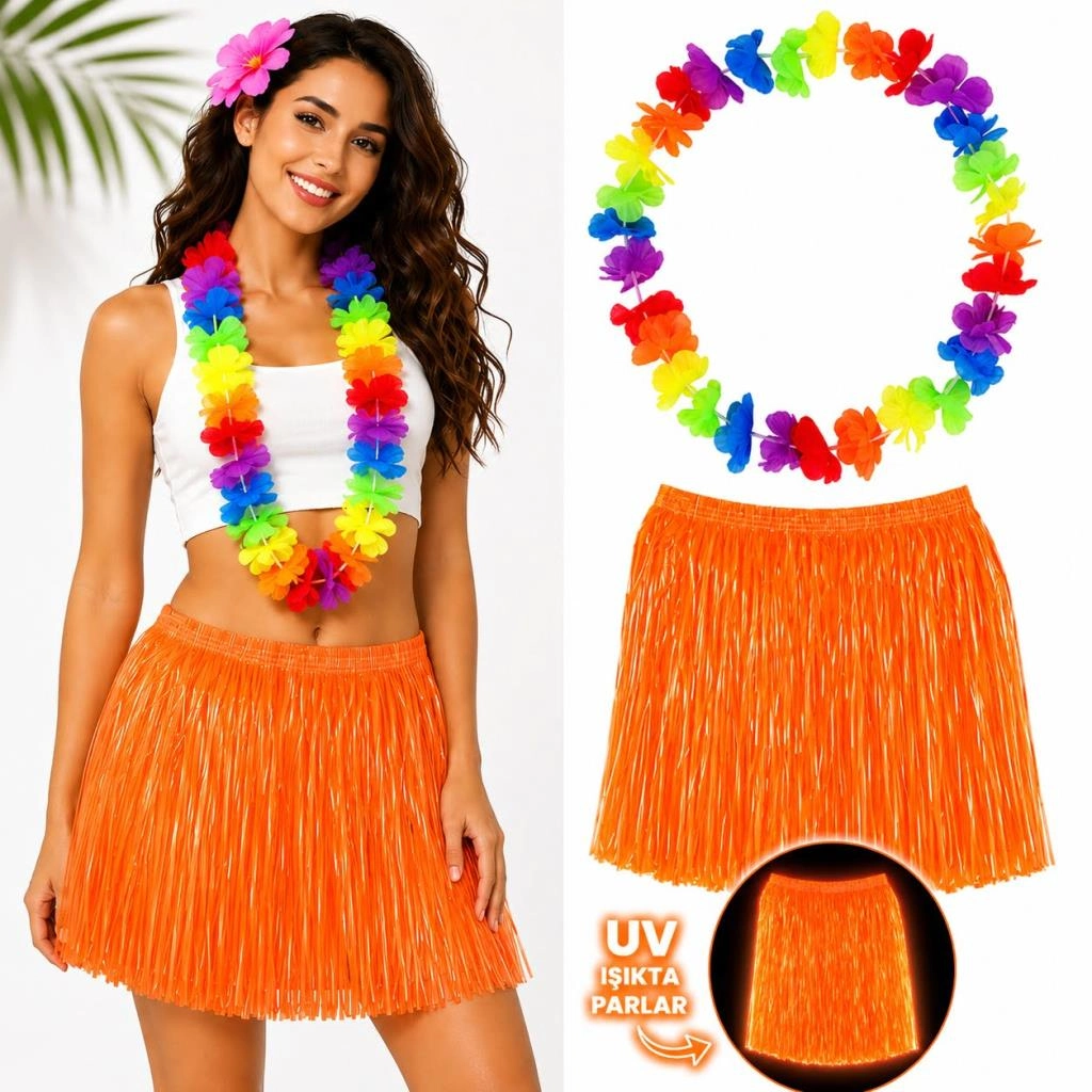 Rengarenk Hawaii Kolye ve Neon Turuncu Etek 40 cm Seti