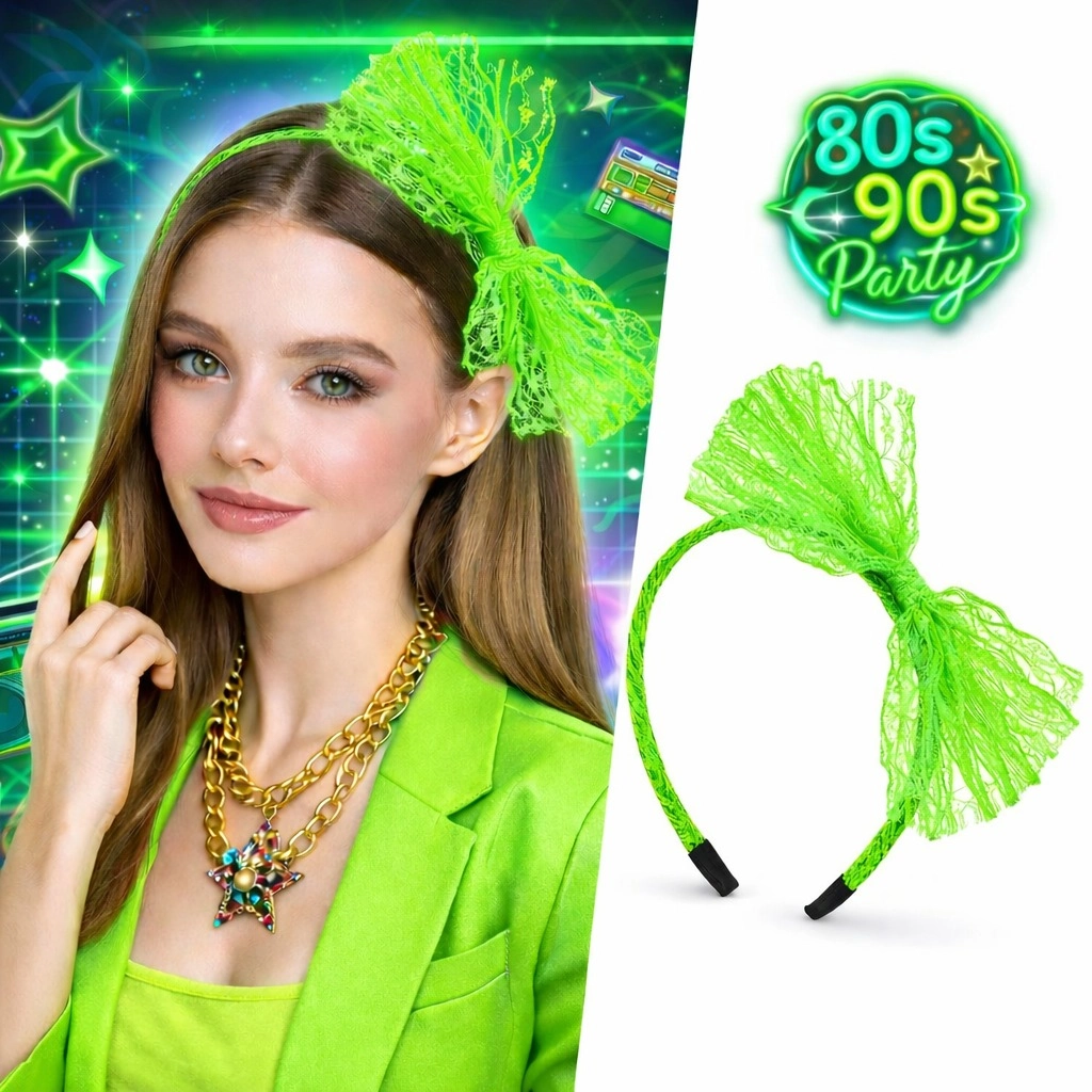 Retro Dantel Taç Fiyonklu Neon Yeşil 80'ler 90'lar Parti Aksesuarı