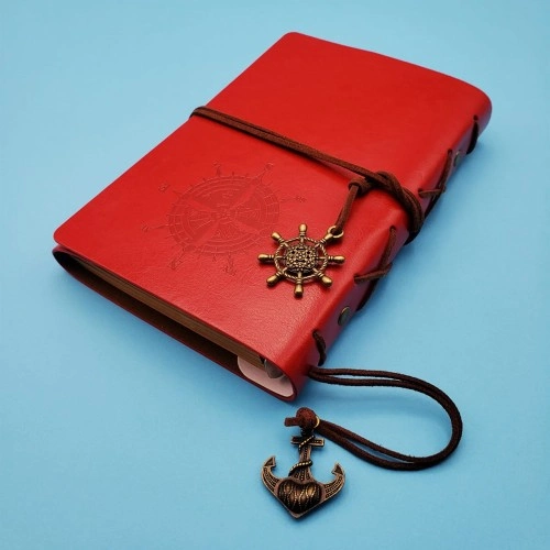 Kırmızı Deri Defter Pusula Tasarımı 18.5x12.5 cm
