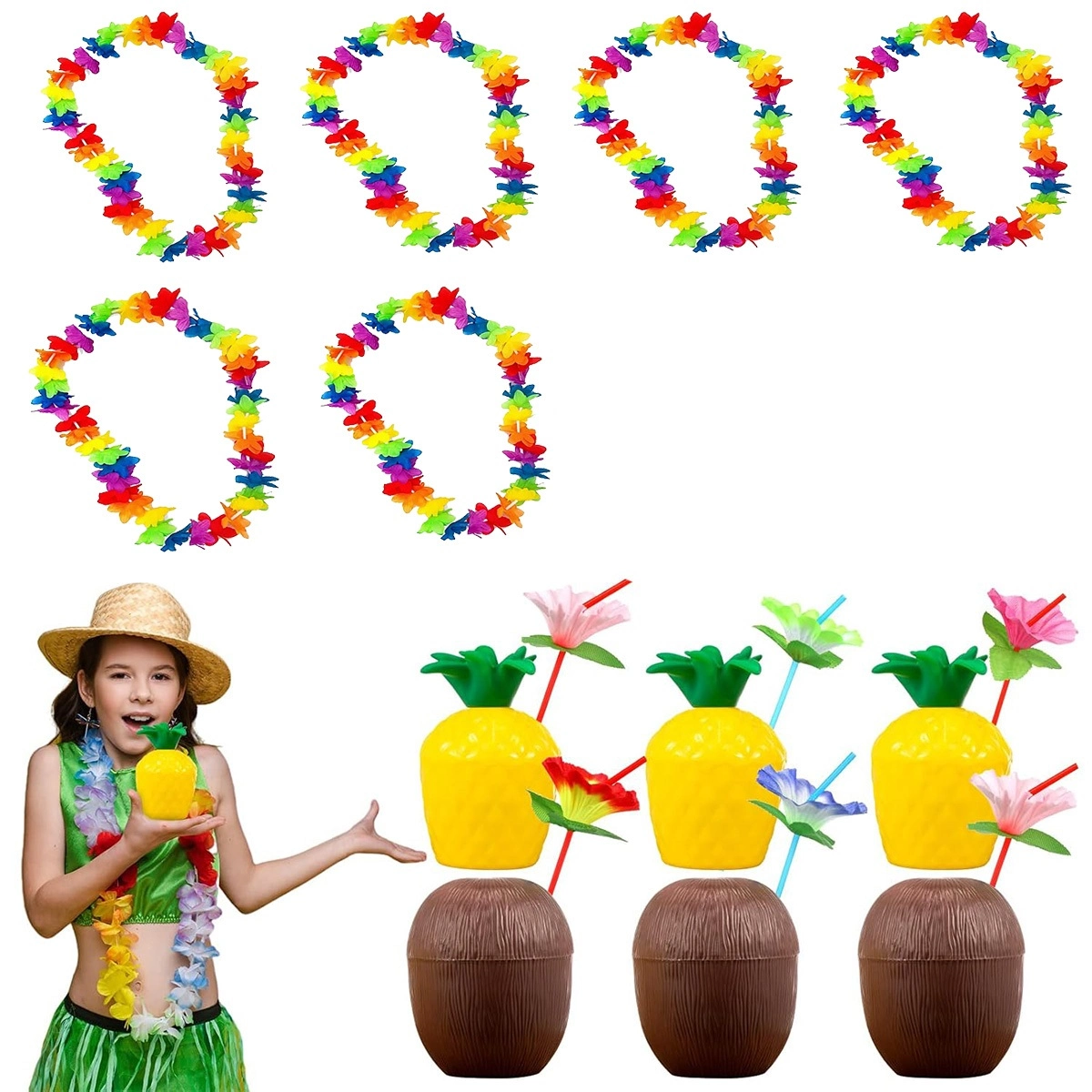 Eğlenceli Hawaii Parti Seti 6 Kolye 6 Pipet 6 Bardak