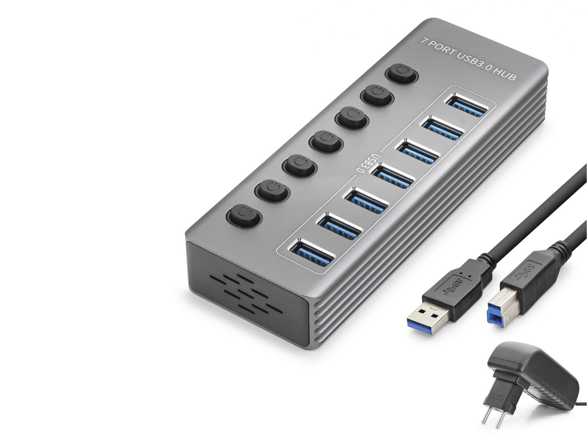 Anahtarlı 7 Portlu USB 3.0 Hub Güç Adaptörlü Gri