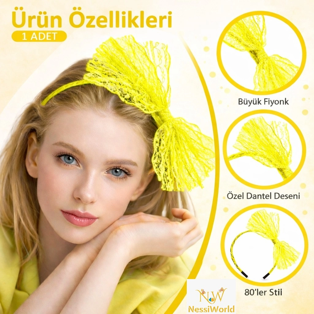 Neon Sarı Dantel Taç Fiyonklu 80'ler 90'lar Tarzı