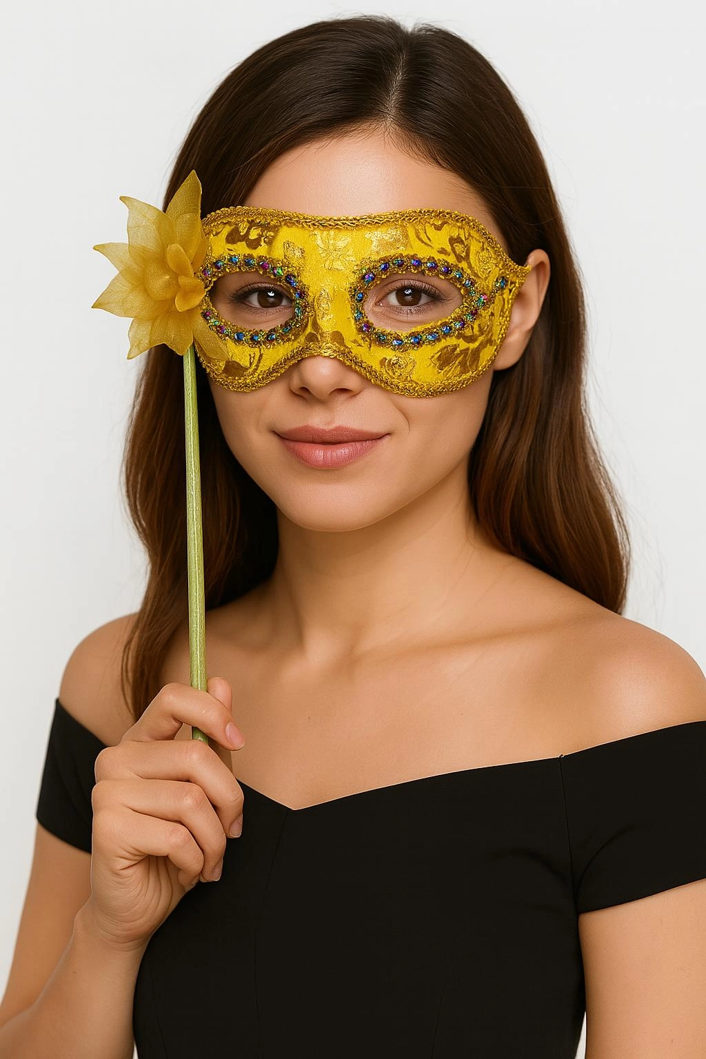 Şık Taşlı Maskeli Balo Maskesi 35 cm Altın Renk