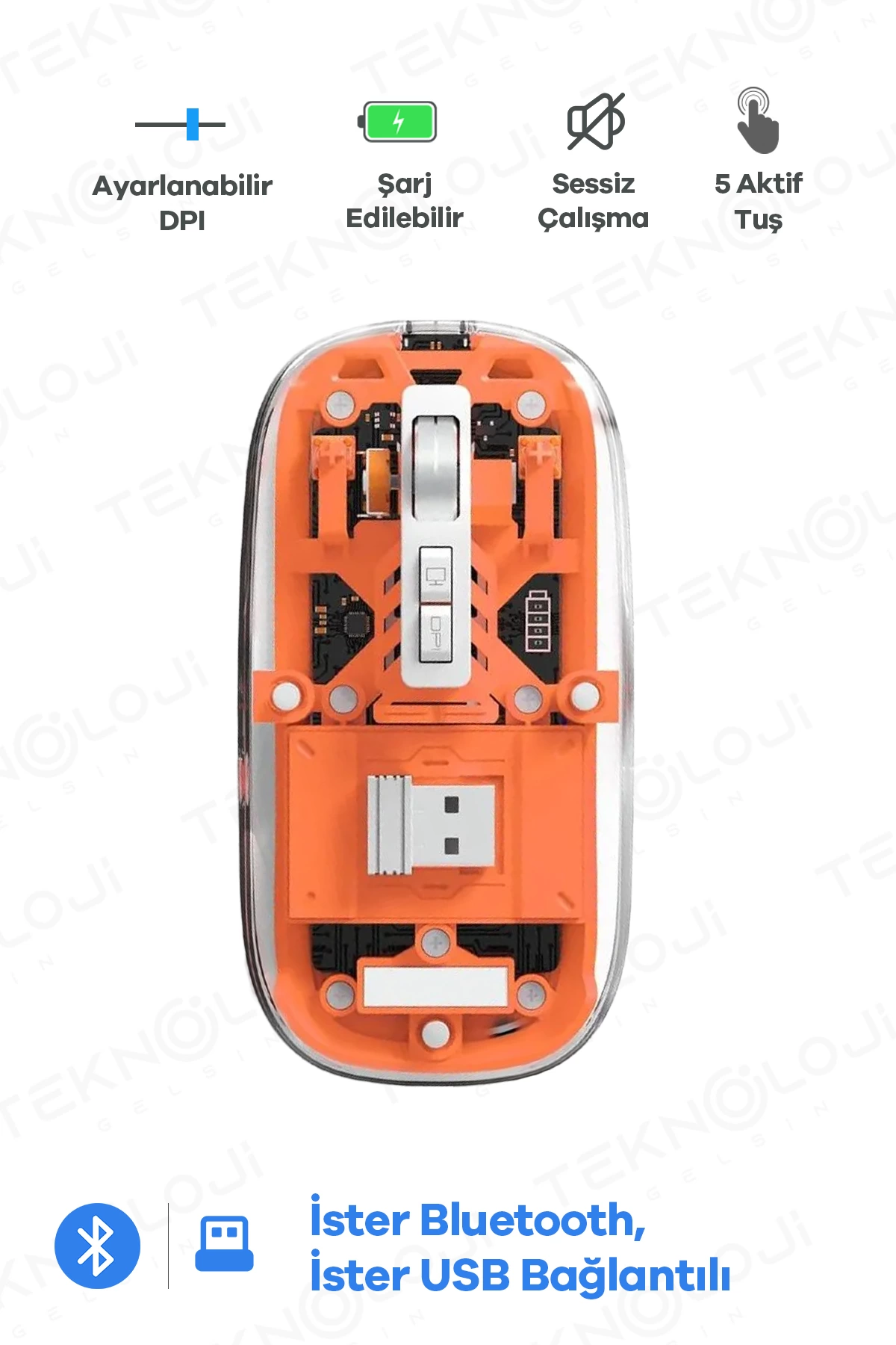 Bluetooth USB Çift Modlu Sessiz Mouse, Şeffaf Mıknatıslı Kapaklı, Type-C Şarjlı, DPI Ayarlı, Kablosuz 10m Çekim Mesafeli, Masaüstü Kısayol Tuşlu, Taşınabilir Şarjlı Mouse Turuncu