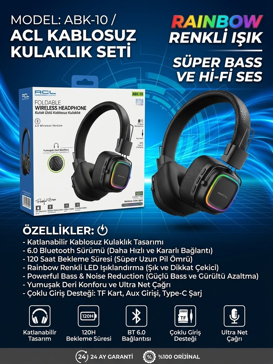 ABK-10 Rainbow Renkli Işıklı Kablosuz Kulaklık Seti