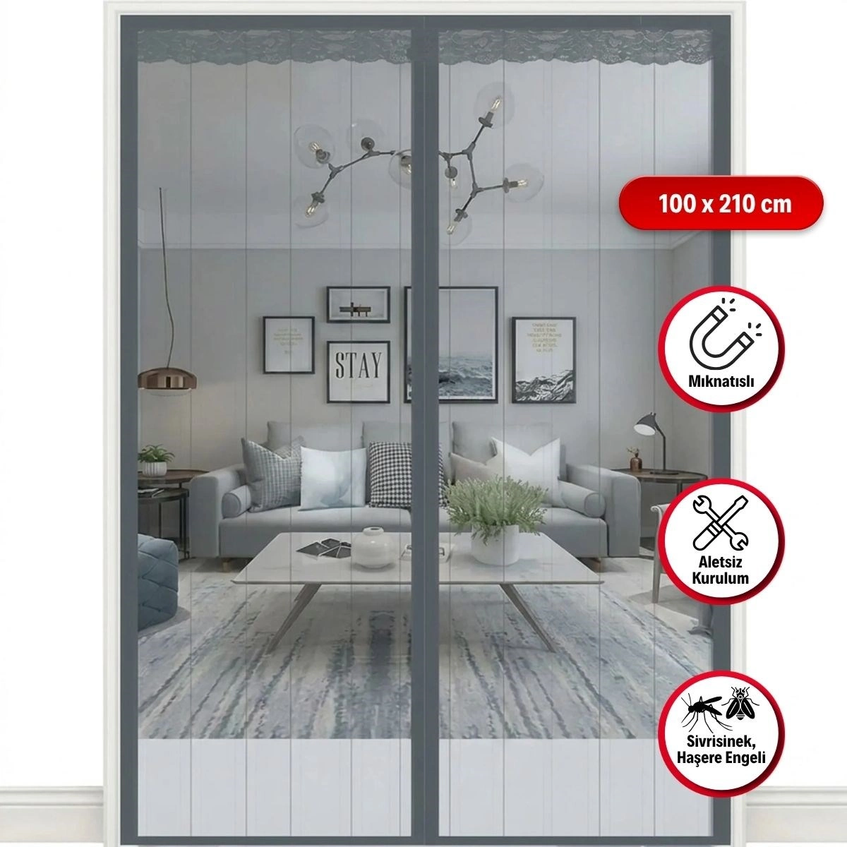 Otomatik Kapanan Mıknatıslı Kapı Sinekliği 100x210 cm Gri