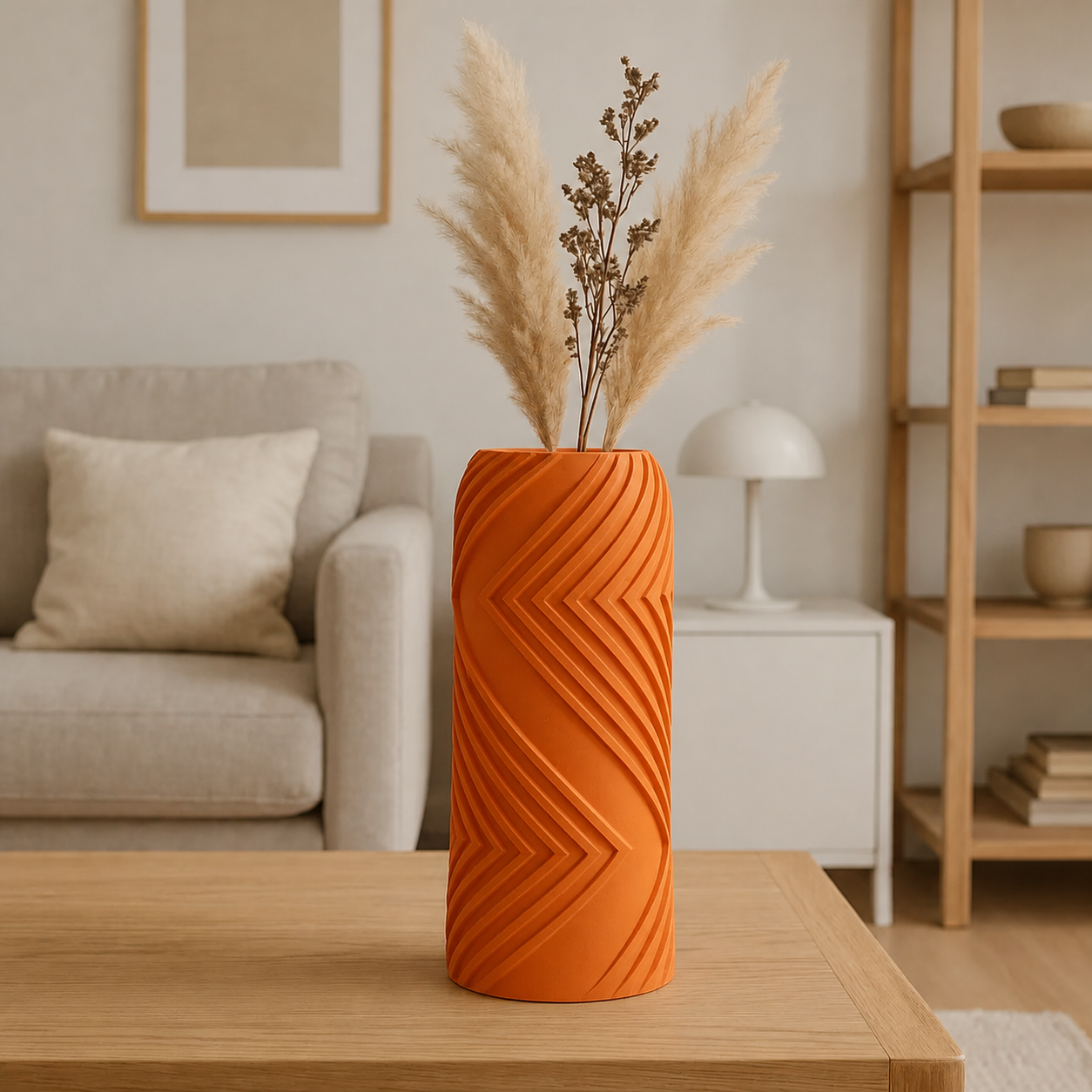 3D Baskı Vector Vazo - Geometrik Çizgili Dekoratif Vazo-Turuncu