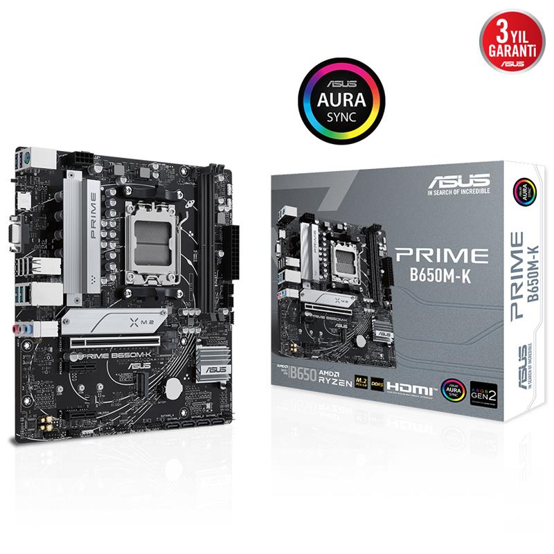 PRIME B650M-K DDR5 6400MHZ 1XVGA 1XHDMI 2XM.2 USB 3.2 MATX AM5 ( AM5 9000/8000/7000 SERİLERİ İLE UYUMLU)