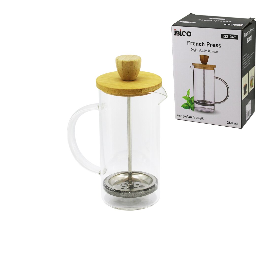 French Press Bambu Kapak 350ML Cam Bitki Süzgeçi