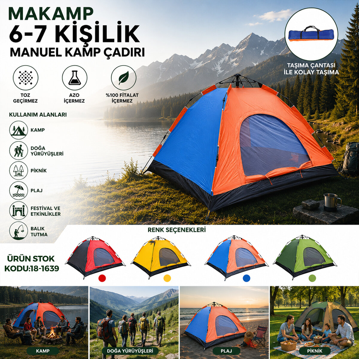 6-7 Kişilik Toz Geçirmez 220CMX250CMX150CM Manuel Kamp Çadır Herhangi Bir Renk Gönderilir