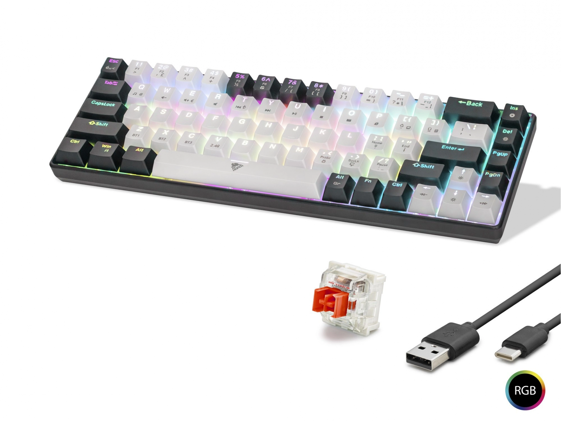 RGB Mekanik Klavye Tri Mode 68 Tuş Beyaz Siyah