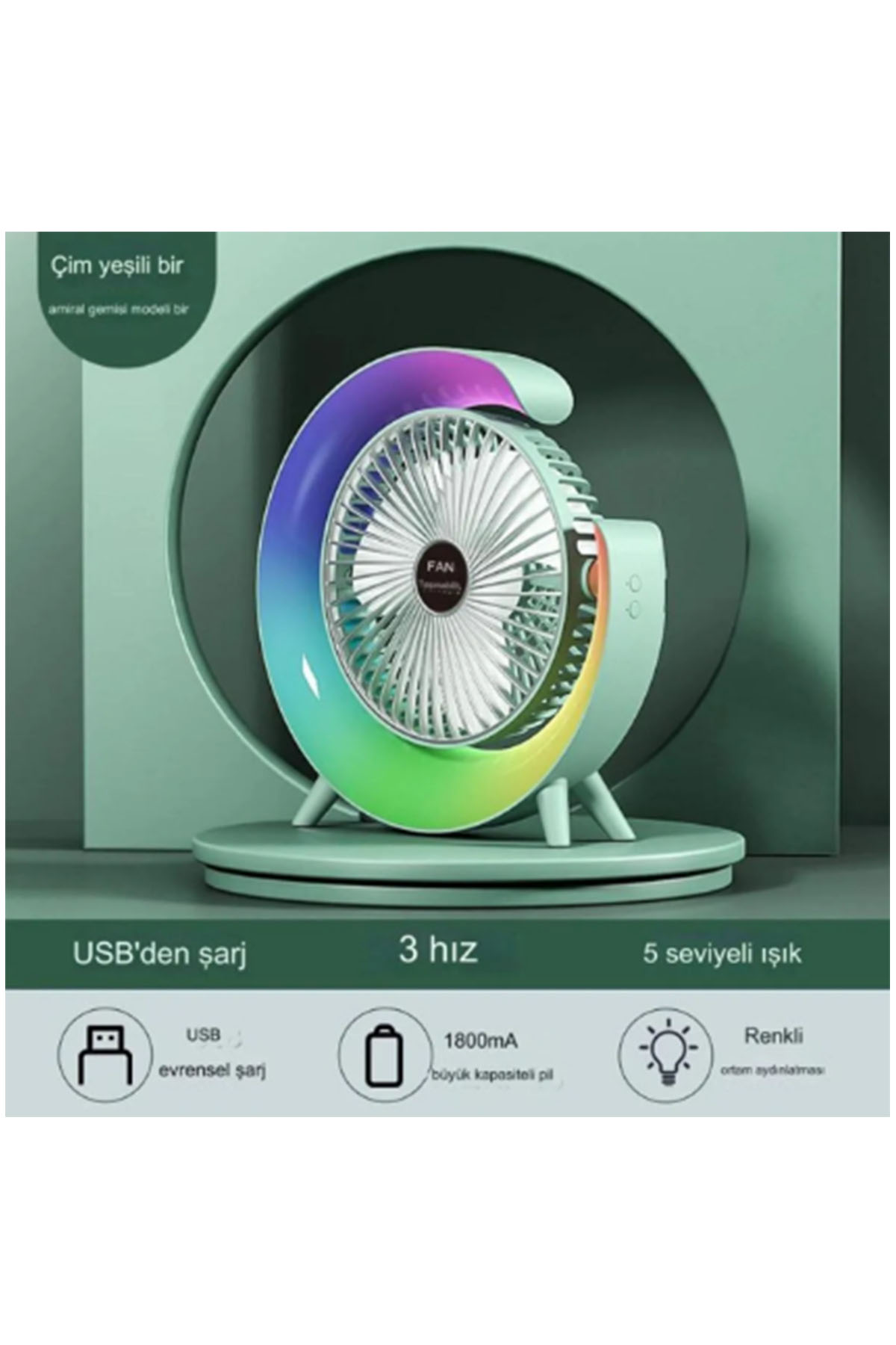 Masaüstü Vantilatör Usb Şarjlı Rgb Led Işıklı 3 Kademeli 180° Ayarlanabilir Soğutucu Fan Yeşil