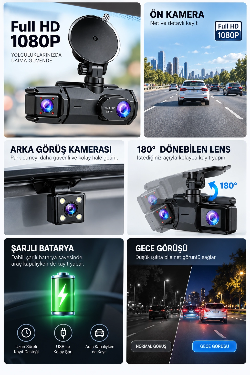 Geniş Açı Full HD 1080P Çift Kamera WiFi Araç Kaydedici