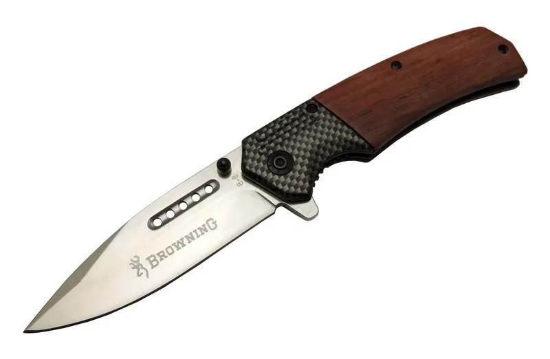 8-8 Kahverengi Kamp Çakı 20cm - Yarı Otomatik, Kemerlikli, Ahşap Sap