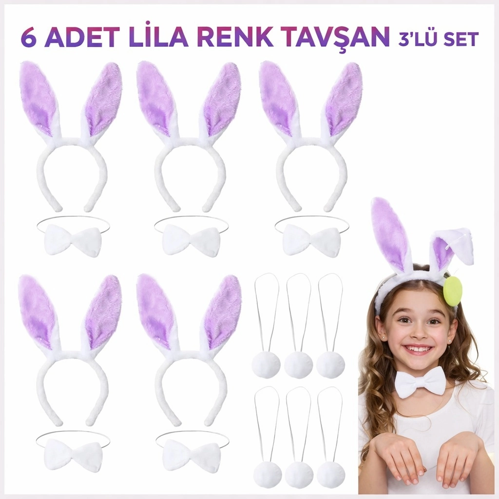 Eğlenceli Lila Tavşan Seti 6'lı Taç Papyon Kuyruk