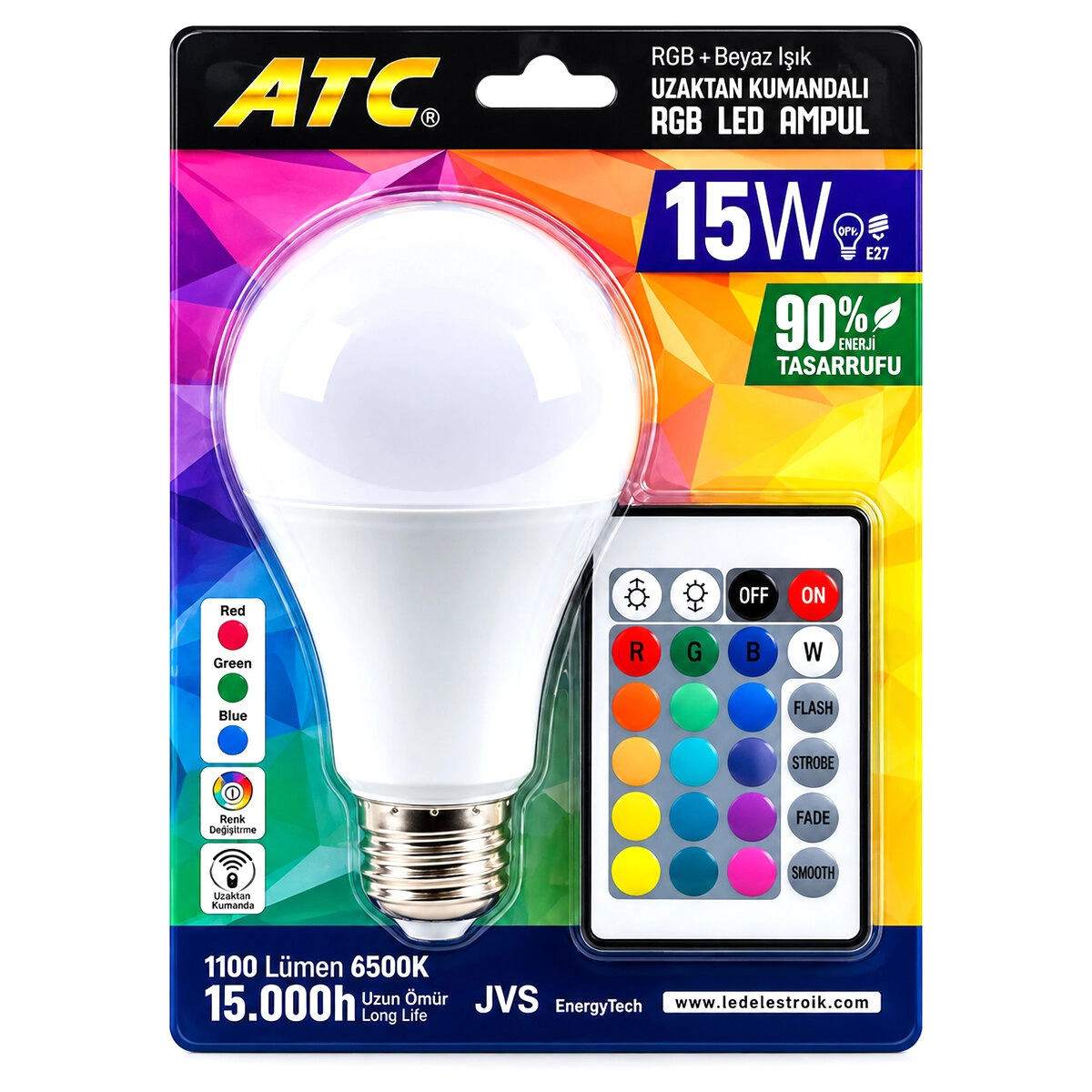 RGB Kumandalı E27 LED Ampul 15W 1100LM Uzun Ömür