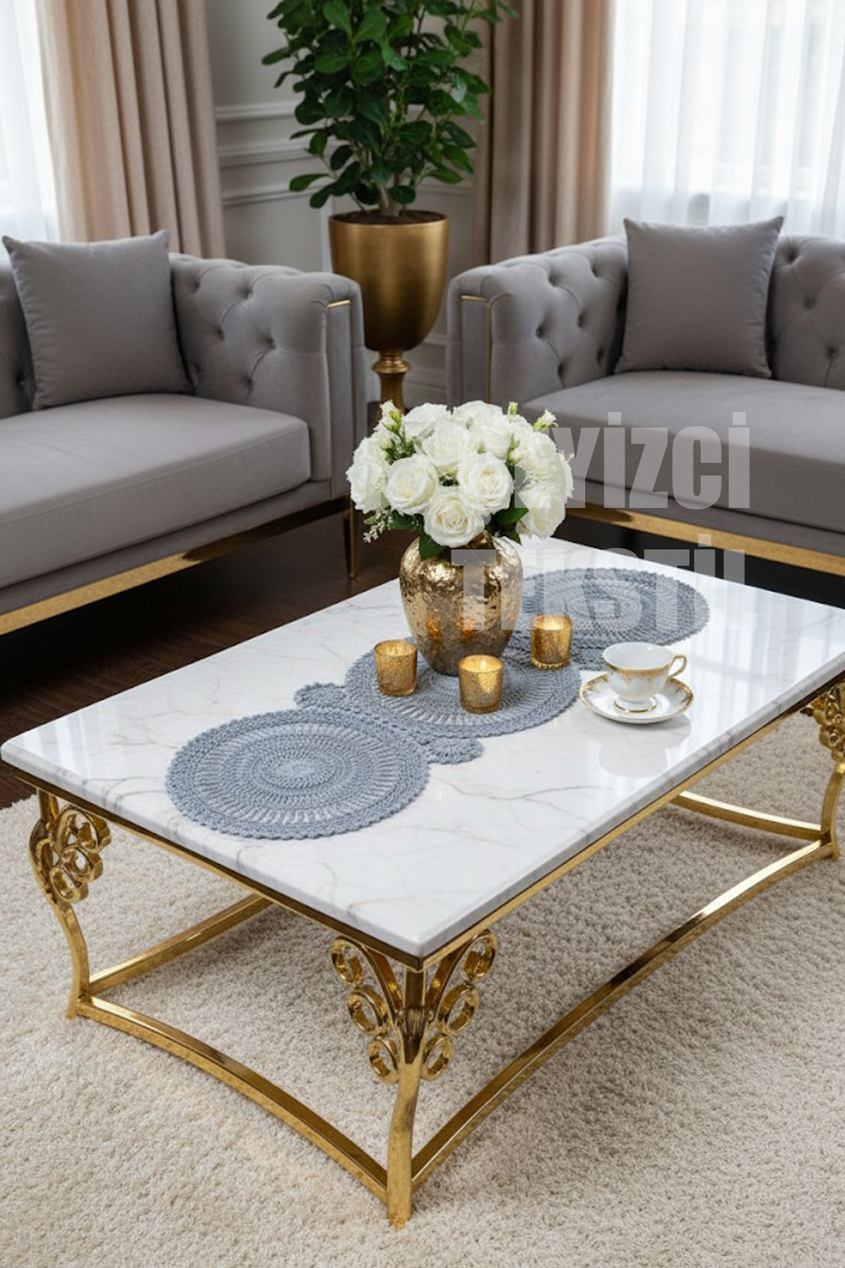 Dantel Detaylı Gri Runner (115x35cm)