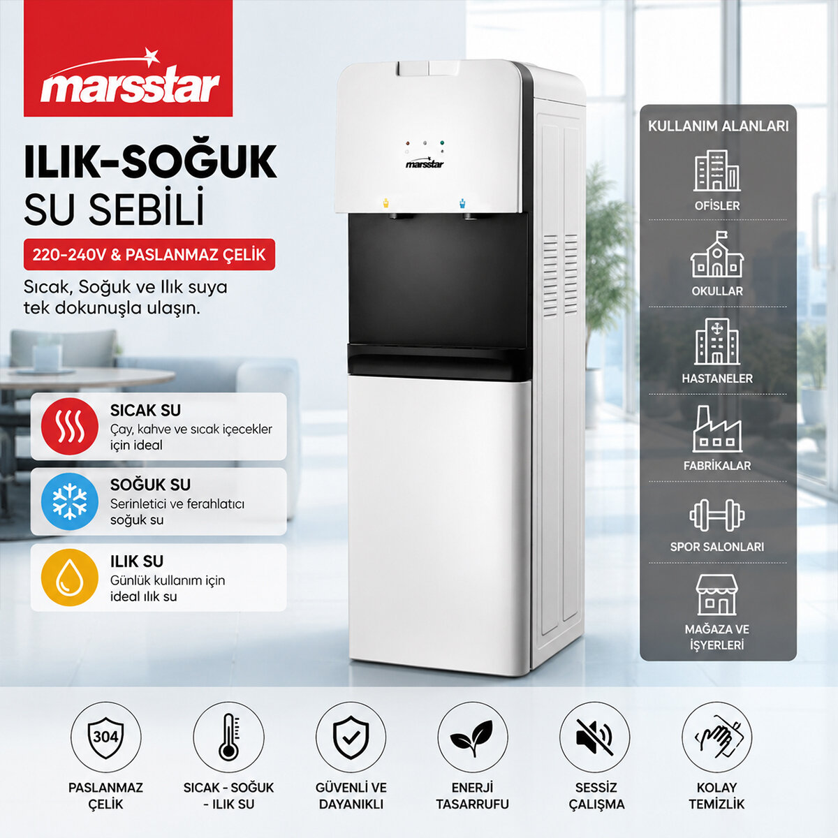 Su Sebili Sıcak - Soğuk - Ilık 220-240V - Paslanmaz Çelik MSWD-100