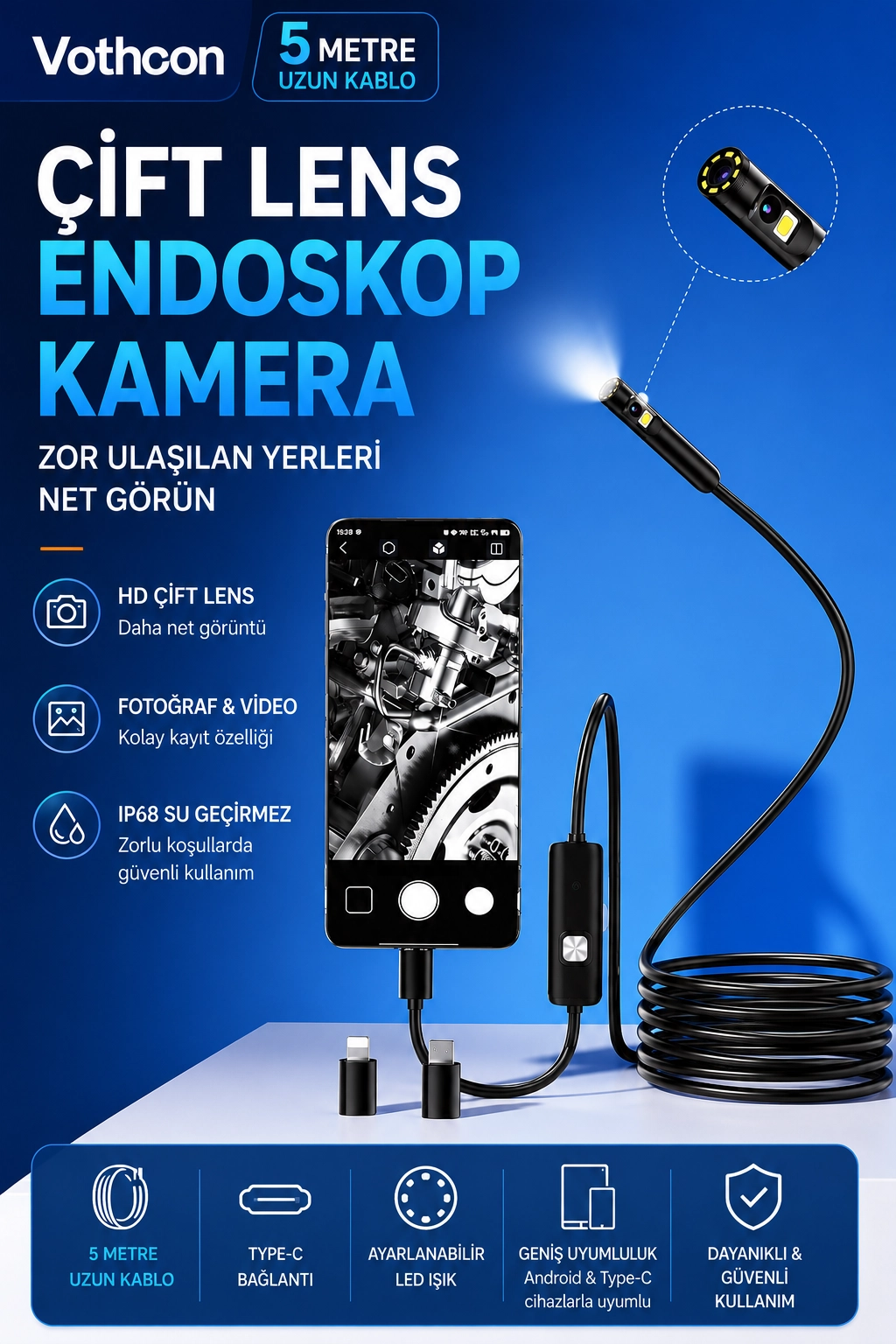 5 Metre Çift Kameralı iOS/Android Uyumlu Yılan Endoskop Kamera 8mm 2MP LED’li Sert Kablo