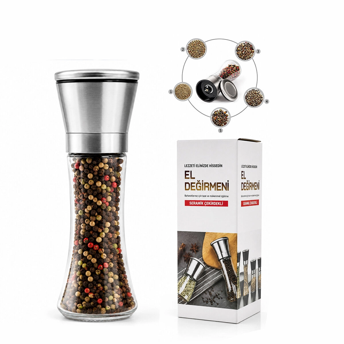 HAND GRINDER BÜYÜK CAM HAZNELİ - KROM KAPLAMA PLS.KAPAKLI TUZ - BAHARA