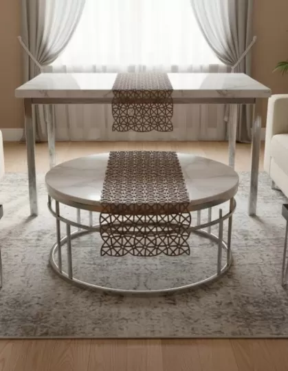 5 Parça Kahverengi Angles Model Dantel Masa Örtüsü Runner Seti Salon Takımı