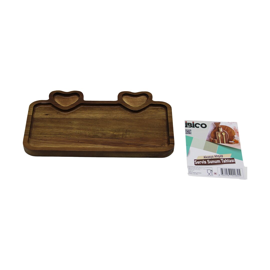 Akasya Dikdörtgen 3 BÖLMELİ=2İN1 Kalp BÖLME+1 Ahşap Servis Sunum Tepsi - Tahtası 25 X 14 X 1.4CM