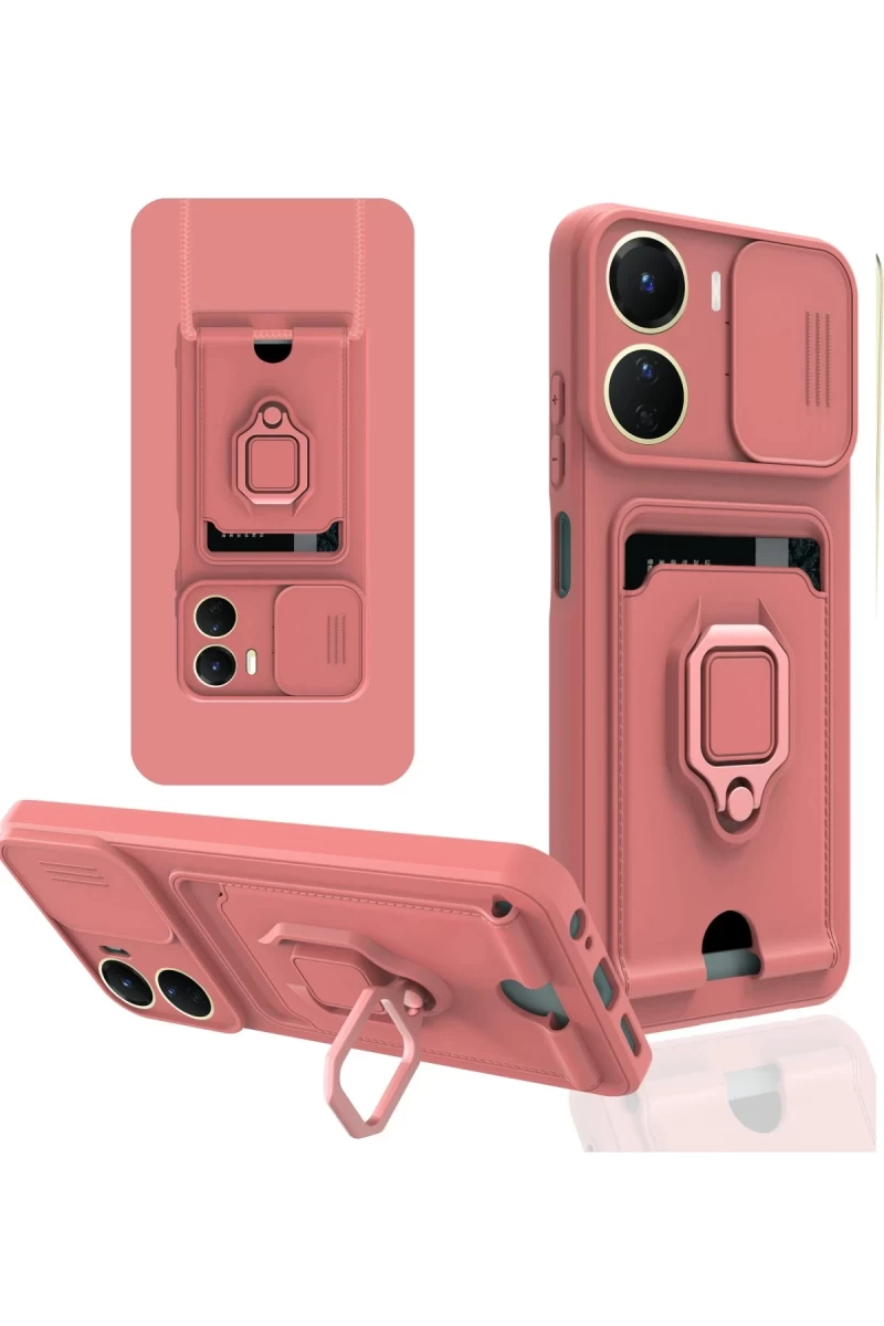 Vivo Y16 Uyumlu Kılıf Zuma Kartvizitli Yüzüklü Silikon - Pembe