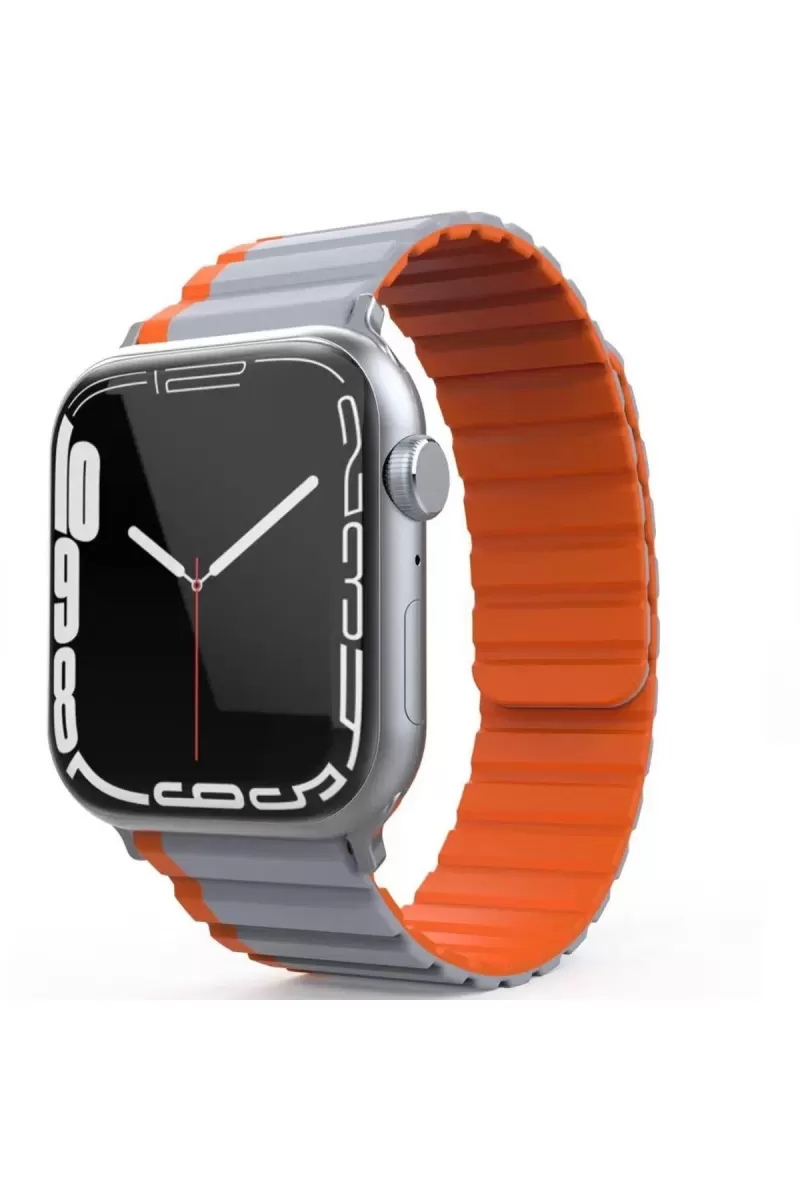 Movenchy Apple Watch 42mm Uyumlu MO-WB1 Çift Renk Mıknatıslı Silikon Kordon - Gri-Turuncu