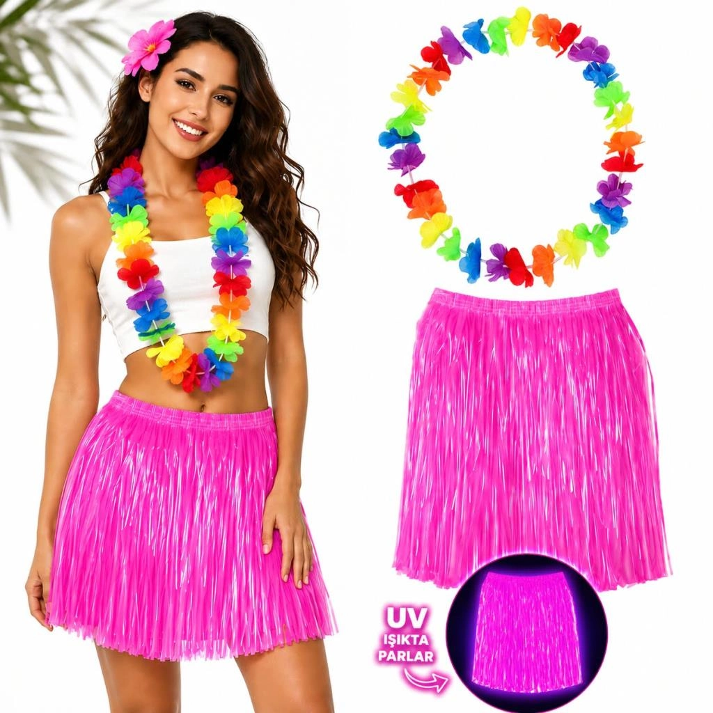 Rengarenk Hawaii Kolye ile Neon Pembe Etek 40 cm