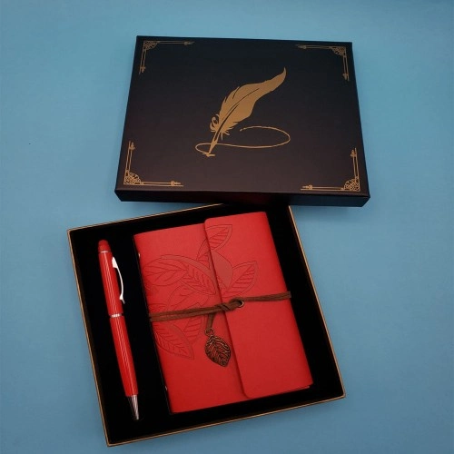 Şık Kırmızı Deri Defter ve Metal Kalem Seti