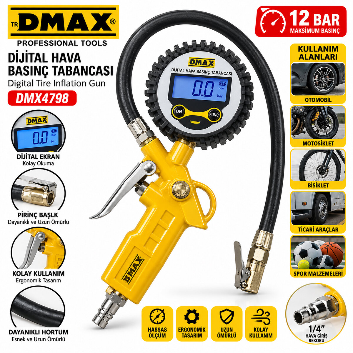 Dijital Hava Ölçme - Lastik Şişirme Tabancası 12 Bar Basınçlı - 1/4 Rekor DMX-4798