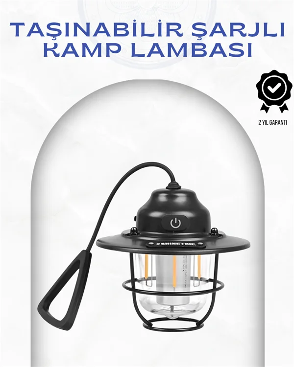 Geometrik Tasarımlı Vintage Kamp Lambası – Type-C Şarj, Ayarlanabilir Parlaklık