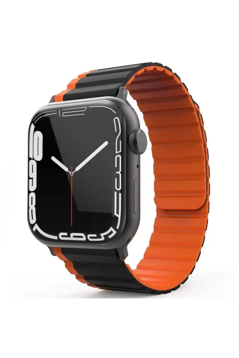 Movenchy Apple Watch 42mm Uyumlu MO-WB1 Çift Renk Mıknatıslı Silikon Kordon - Siyah-Turuncu