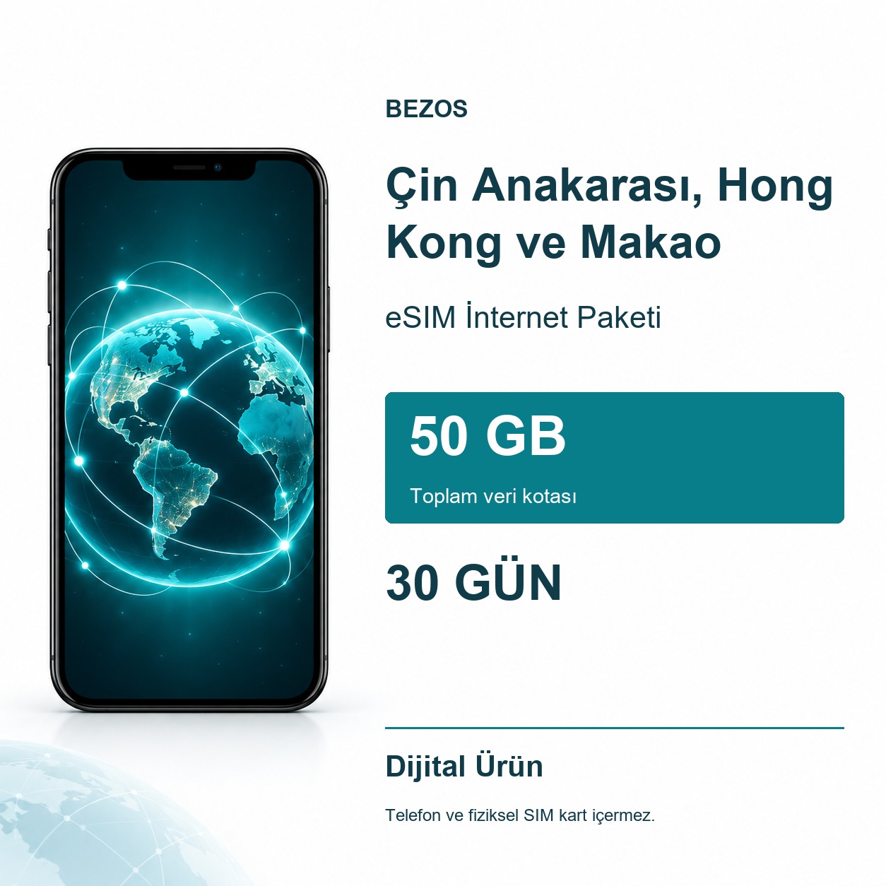 Çin Anakarası, Hong Kong ve Makao eSIM İnternet Paketi 50 GB 30 Gün