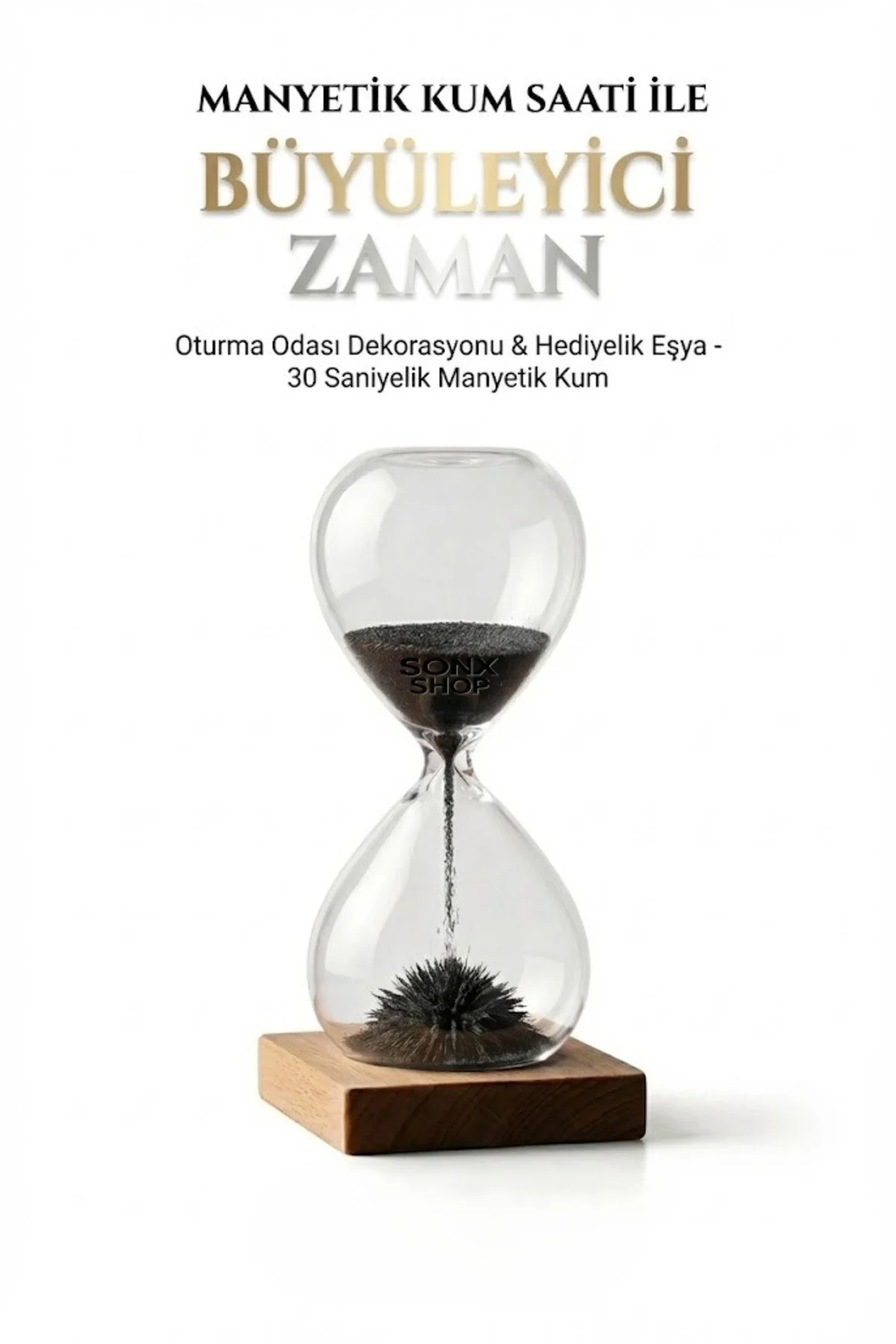 Manyetik Kum Saati Mıknatıslı Ahşap Standlı Dekoratif Masaüstü Hediyelik Süs Eşyası (14 cm)
