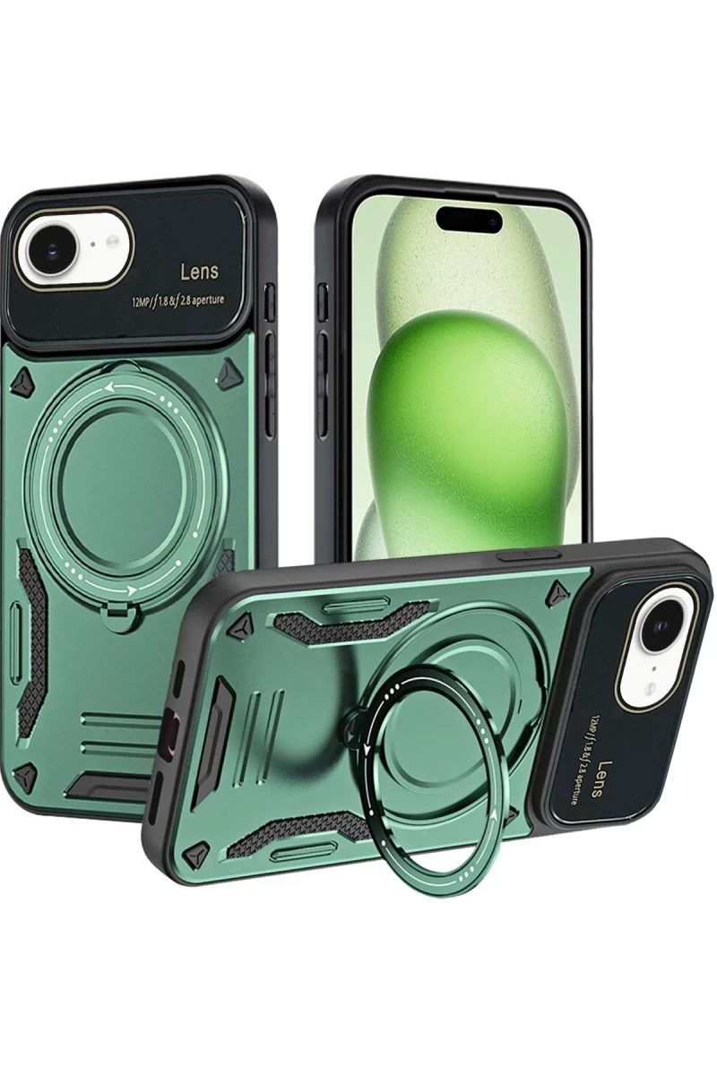 Apple iPhone 16E Uyumlu Kılıf Joy Lens Standlı Kapak - Koyu Yeşil