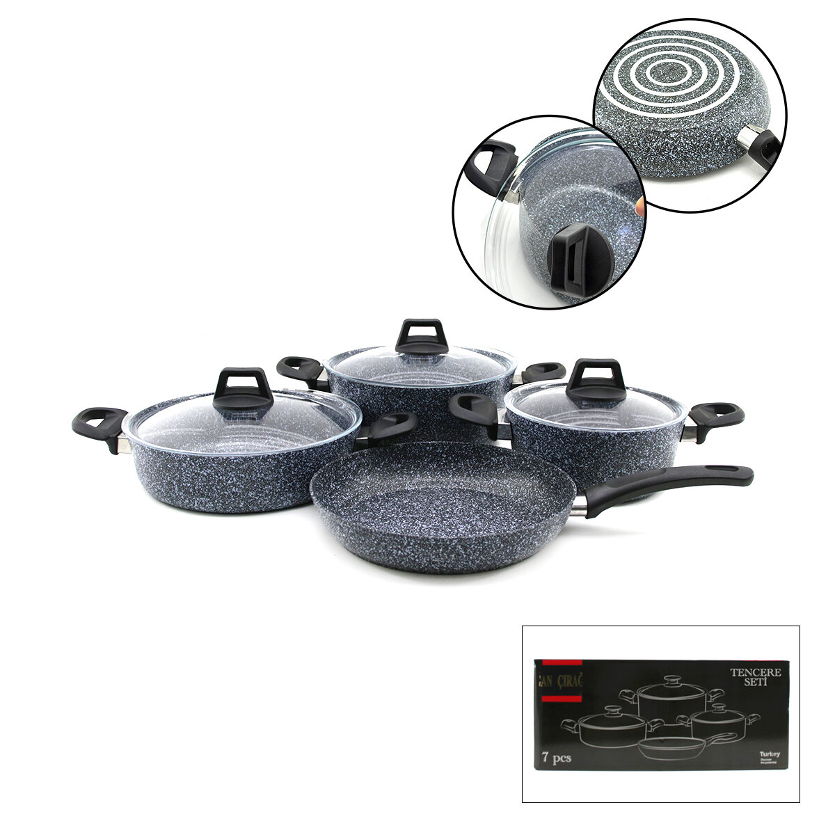 Gri 7 Parça Granit Tencere - Tava Seti 20-24CM Derin - 27CM Basık Cam Kapak Tencere - 26CM Tava