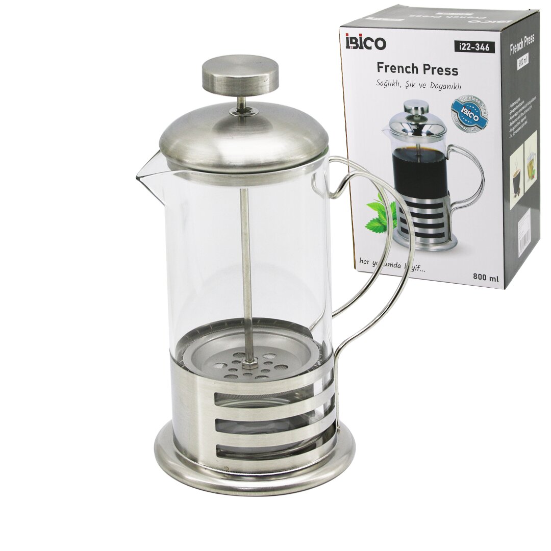 French Press Metal Kafes - Metal Kapak 800ML Cam Bitki Süzgeçi